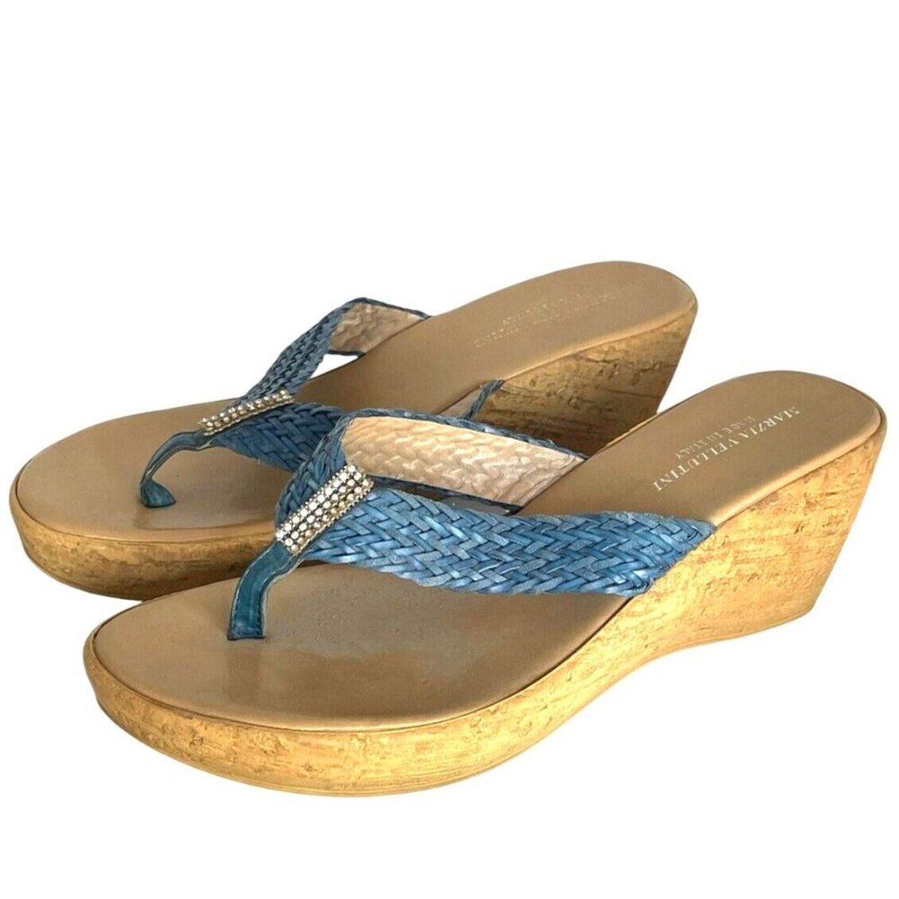 Marzia Vellutini Women's 8.5 Jeweled Blue Wedge Platform Slide Thong Sandal